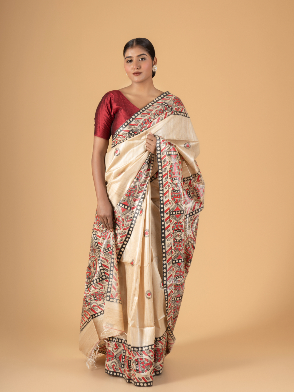 Tussar Saree with Madhubani Bride, Doli, and Kaahar Painting